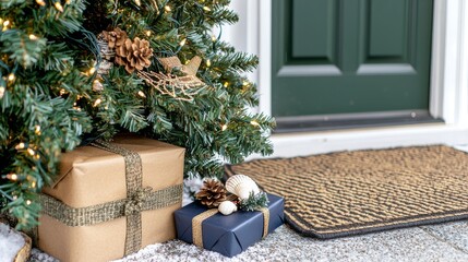 Christmas Gifts Under Tree Front Door Entrance Gift Arrangement Festive Home Ground Level View Holiday Spirit