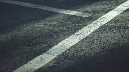Fototapeta premium Paved parking lot asphalt with clearly marked white dividing lines and textured surface illuminated by soft natural light.