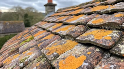 Close-up of a rustic weathered tiled roof featuring vibrant orange lichen patches, showcasing its age and charming character in a serene landscape.