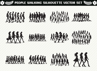 Set of People Walking Silhouettes in Various Poses – Perfect for Illustrations, Designs, and projects