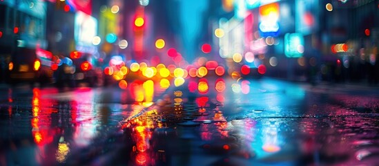 Fototapeta premium Rainy city night, blurred lights reflected on wet asphalt.