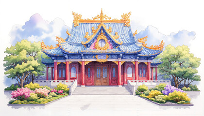 Fototapeta premium Chinese temple with colorful architecture, vibrant atmosphere, surrounded by lush greenery and flowers