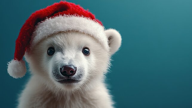 Cute polar bear wearing a santa hat against a blue background