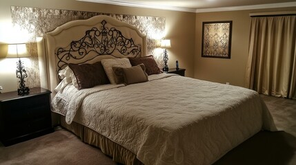 Charming and Cozy Bedroom Retreat with Elegant D&eacute;cor and Warm Lighting