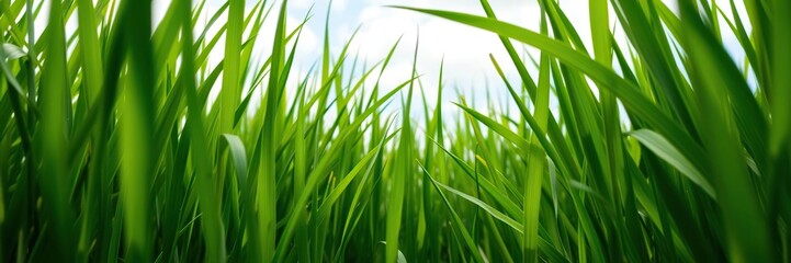 Lush green grass blades stretching towards the sky in a dense meadow, vegetation, outdoor landscape