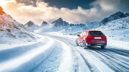 Car driving through snow-covered mountains, tires gripping a winding icy road, against a cloudy winter sky