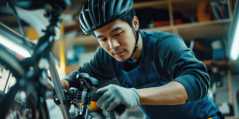 Naklejka premium Hardworking Asian man repairing a bicycle, wearing a helmet and using tools