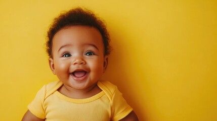 Cheerful baby smiling widely in a bright yellow outfit against a vibrant yellow backdrop, creating a warm and joyful atmosphere. Space for text included.
