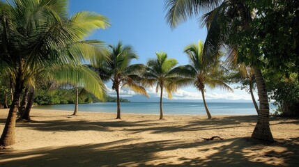 Tranquil tropical beach scene showcasing golden sand, lush palm trees, and a serene ocean view under a clear blue sky.