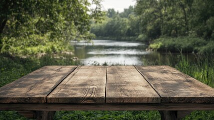 Weathered wooden table in foreground with tranquil forest and reflective water in background, creating a peaceful natural setting.