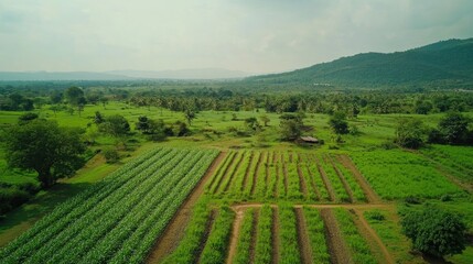 Aerial view of vibrant green agricultural fields arranged in rows, illustrating careful farming practices amidst a lush landscape and distant hills.