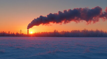 Industrial smokestack emitting pollution at sunset over snowy field.