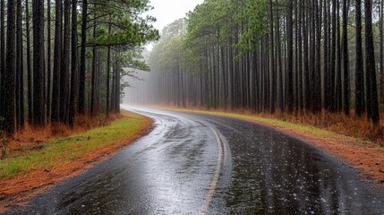 Fototapeta premium Foggy road adventure pine forest nature rainy atmosphere serene viewpoint
