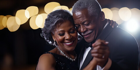 Elderly African American couple dancing together, wearing formal attire at a ballroom event