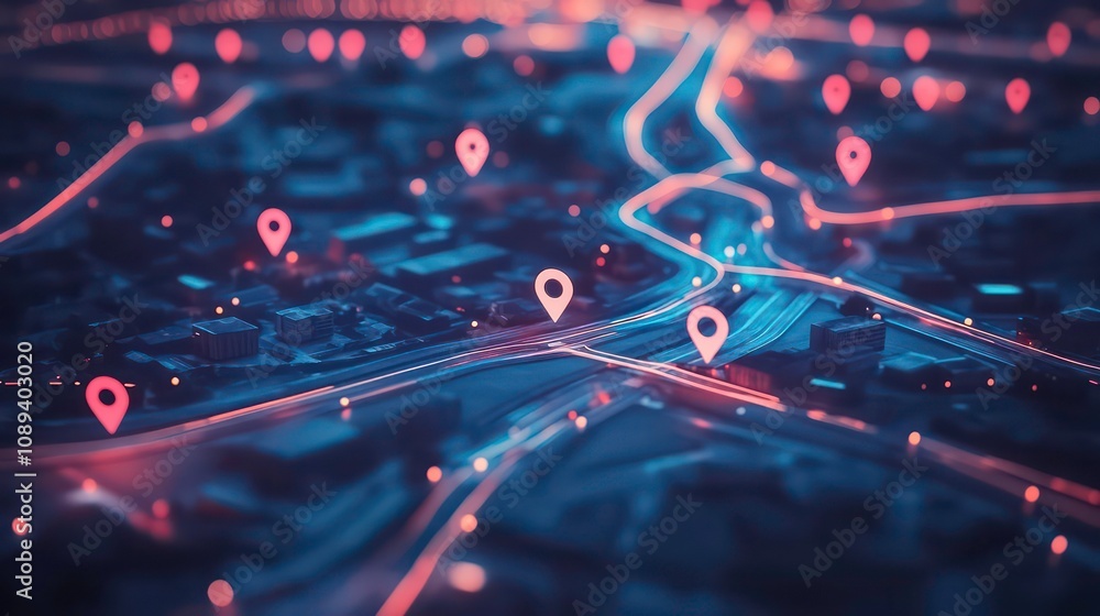 Poster a digital rendering of a city at night with glowing roads and red pinpoints scattered across the lan