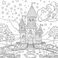 Naklejka premium A whimsical castle made of candy, coloring page for kids, simple outline illustration. Coloring book, simple lines.