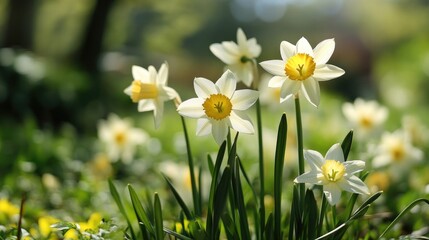 Vibrant Daffodils Blooming in Sunlit Garden Surrounded by Lush Greenery and Colorful Wildflowers