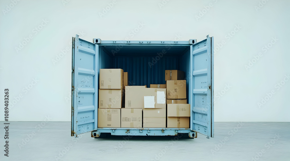 Poster partially filled light blue shipping container with multiple cardboard boxes inside, standing on a l