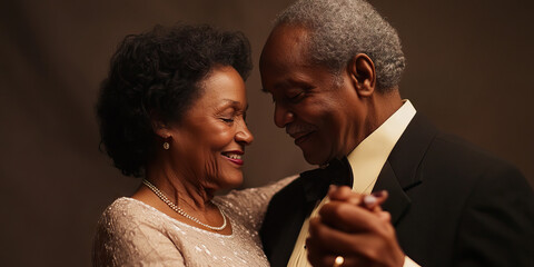 Elderly African American couple dancing together, wearing formal attire at a ballroom event