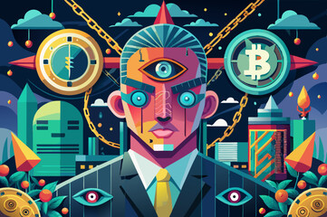Smart Male Earn Digital Money with red laser eyes wearing a Bitcoin portrait
