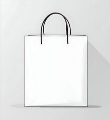 Blank white shopping bag with black handles, cast shadow on light grey background.