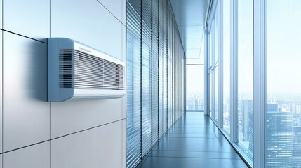 Circular grid air conditioning system on a sleek wall in a high-tech interior, ideal for cooling and ventilation visuals.