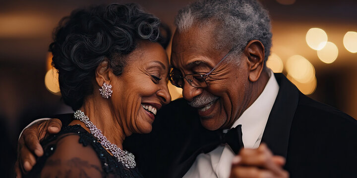 Elderly African American couple dancing together, wearing formal attire at a ballroom event