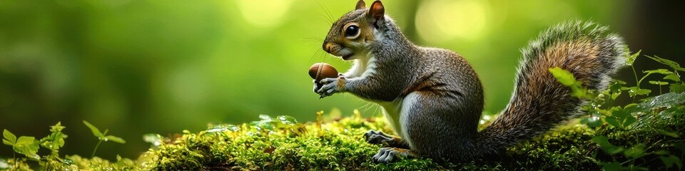 Obraz premium Squirrel foraging for acorns in foggy forest nature green environment close-up