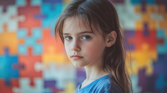 Young girl with autism gazing pensively in front of a vibrant, blurred puzzle piece backdrop symbolizing child mental health and autism spectrum awareness - Powered by Adobe