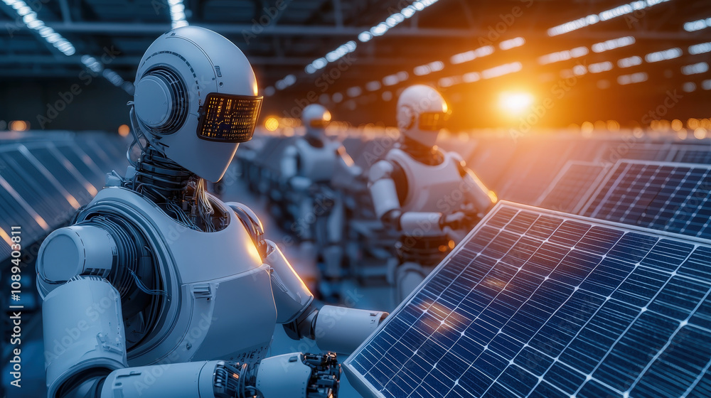 Poster futuristic robots working with solar panels in high tech factory. scene captures advanced technology