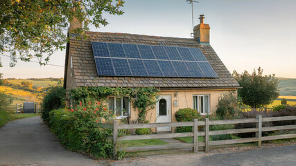 A photo of a picturesque scene of a charming cottage with solar panels mounted on its traditional gabled roof. The cottage is surrounded by lush greenery and has a wooden fence. 