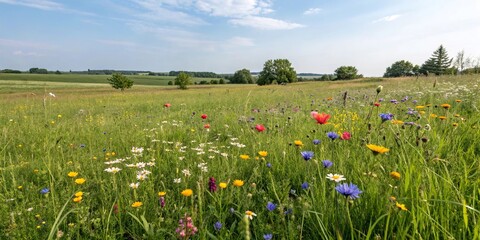 Obraz premium Meadow with vibrant wildflowers and green grass, organic, flora, valleys, sunny, sky