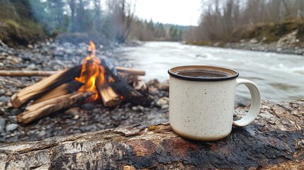 White enamel mug filled with black coffee resting on a log beside a campfire, with wood smoke drifting by a peaceful river in a serene outdoor setting.