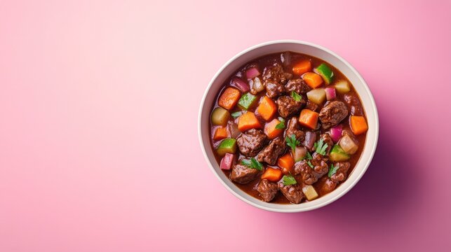 Beef stew brimming with colorful vegetables, elegantly presented in a light bowl against a soft pink backdrop, offering ample space for customization.
