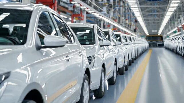 A row of white cars are lined up in a factory