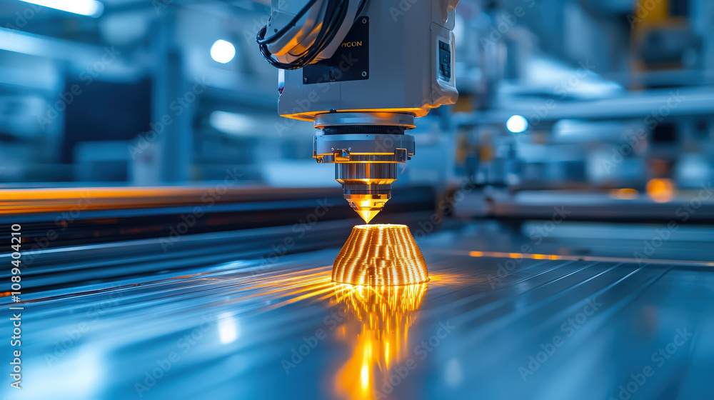 Poster robotic arm precision laser cutting metallic object in factory setting, showcasing advanced technolo