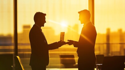 Two businessmen exchanging awards silhouetted against a sunset in an office setting.