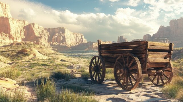 Weathered wooden wagon resting in a vast canyon landscape, showcasing dramatic desert scenery and capturing a classic western theme.