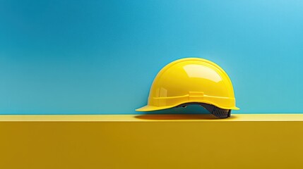 Bright yellow safety helmet displayed prominently on a vibrant blue and yellow background, emphasizing its essential role for construction workers and engineers.