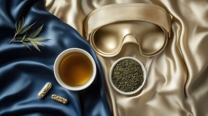 Wellness Collection for Restful Sleep Featuring Silk Backdrop, Soothing Hemp Tea, Sleep Mask, Hemp Capsules, and Natural Elements
