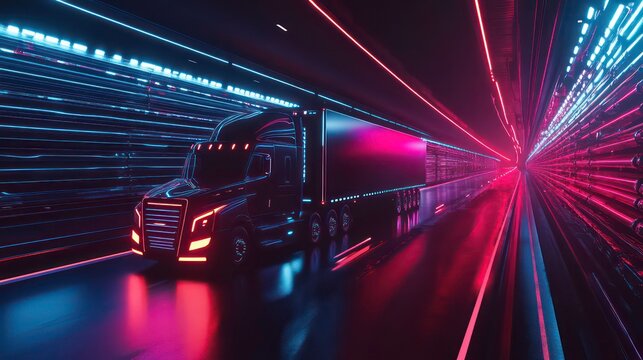 A dynamic and dramatic composition featuring a futuristic concept of a self-driving delivery truck seamlessly navigating a highway logistics network, leaving ample copy space for impactful messaging.
