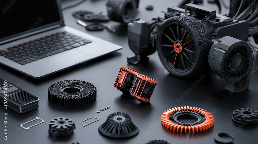 Poster high tech assembly workspace with 3d printer components and tools. scene showcases intricate parts, 