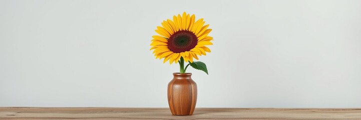 Fototapeta premium Minimalist depiction of sunflower in a small wooden vase with rustic texture, abstract flower, geometric shape, natural material