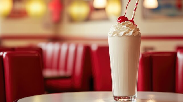 A tall milkshake adorned with whipped cream and cherries sits on a table in a vibrant diner, surrounded by retro red booths and cheerful lighting.
