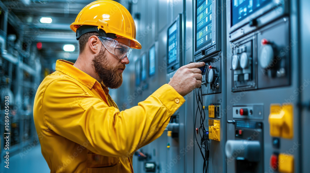 Poster focused engineer in yellow safety helmet and jacket monitors energy efficient systems in control roo