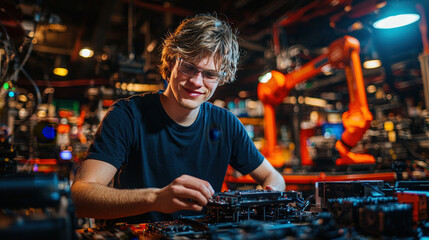 Engineer working on 3D printer, adjusting settings with focus and precision in high tech workshop. environment is filled with advanced machinery and robotics
