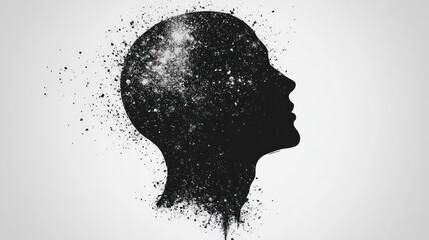 Silhouette of a human head with a galaxy-inspired starry pattern emerging from it, set against a clean white background.