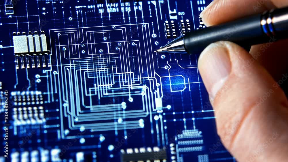 Poster a hand traces intricate circuitry on a digital screen displaying a complex microchip design