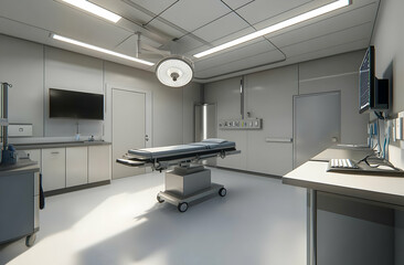 Modern, bright operating room with surgical table, medical equipment, and a large monitor.