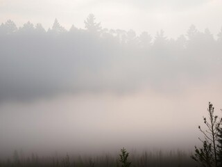 Fototapeta premium Misty morning scene with foggy forest background and blurred tree silhouettes, trees, serene atmosphere, foliage details